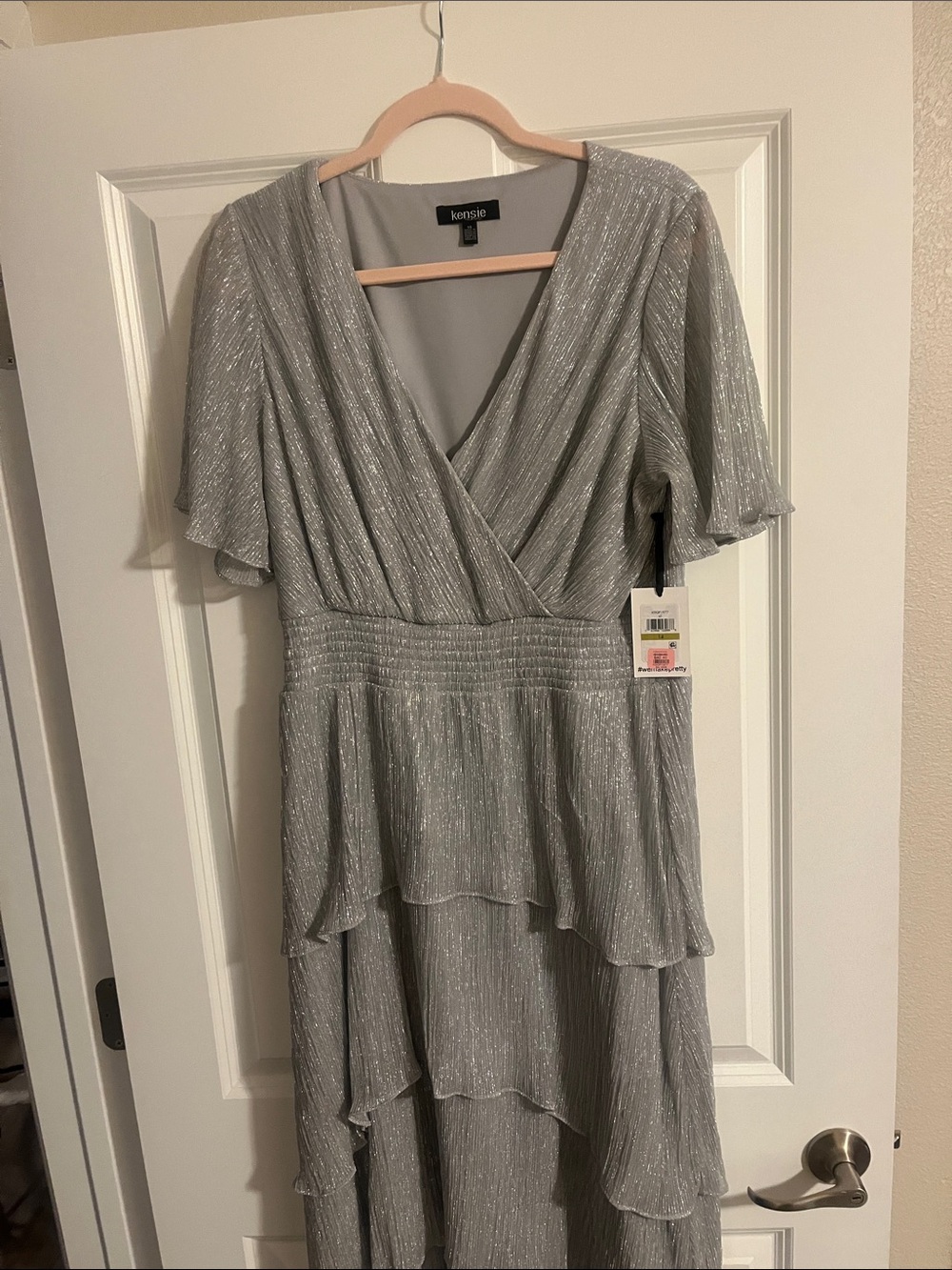 kensie Silver Metallic High-Low Tiered V-Neck Dress
